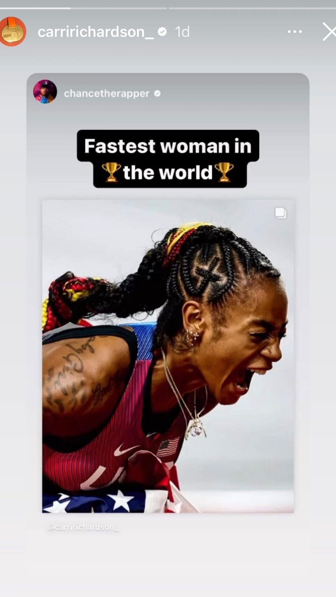 Sha'Carri Richardson reshares Chance The Rapper's Instagram story (Image via Instagram)